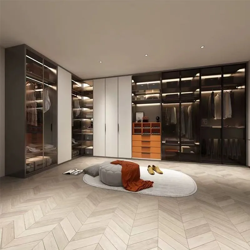 Walk-in wardrobe with glass doors and island