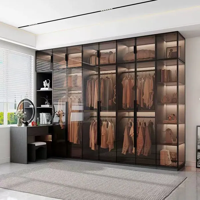 Glass-door walk-in wardrobe with dresser