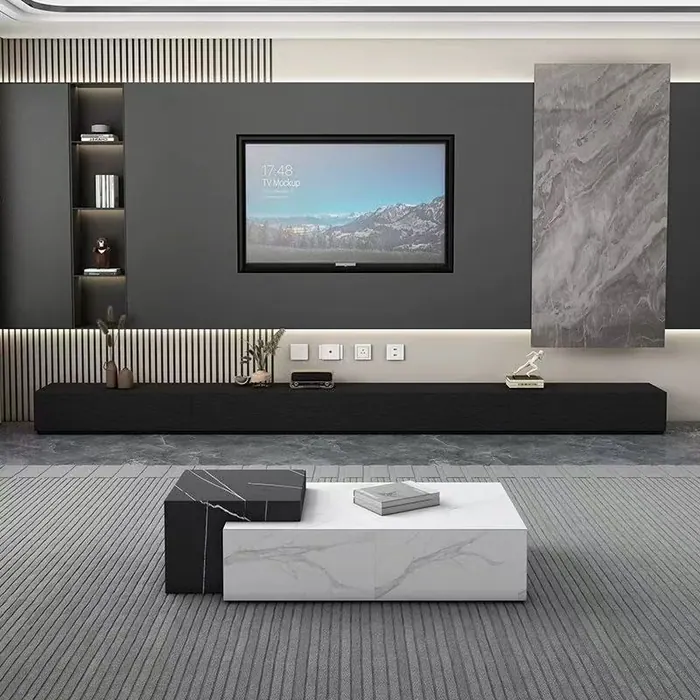 TV feature wall with marble coffee table