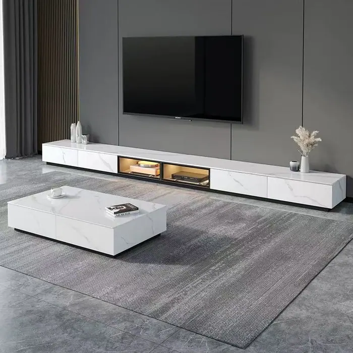 Living room with long marble TV console