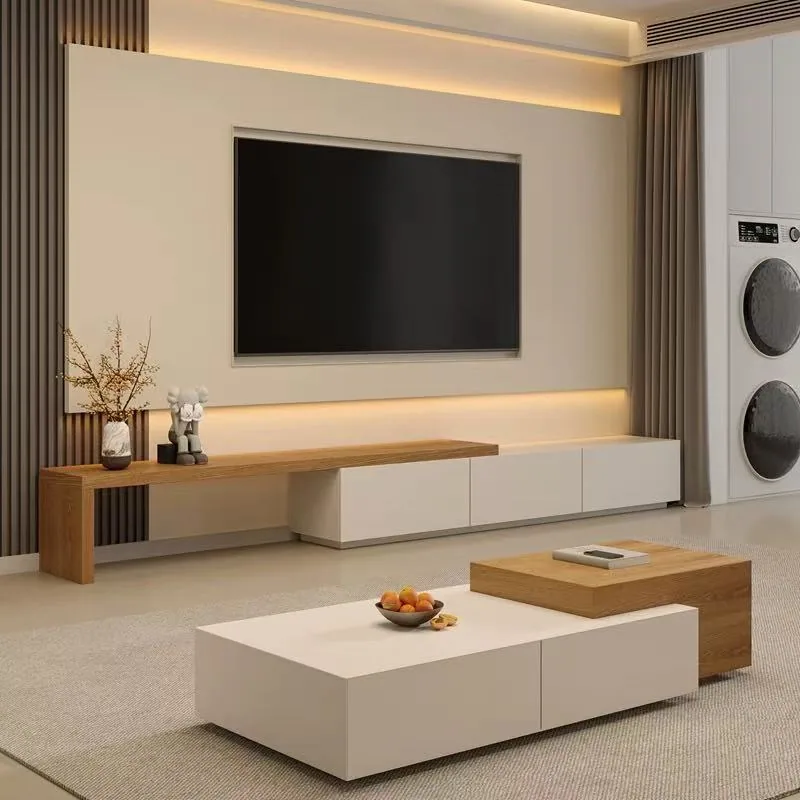 TV feature wall with warm wood and white console