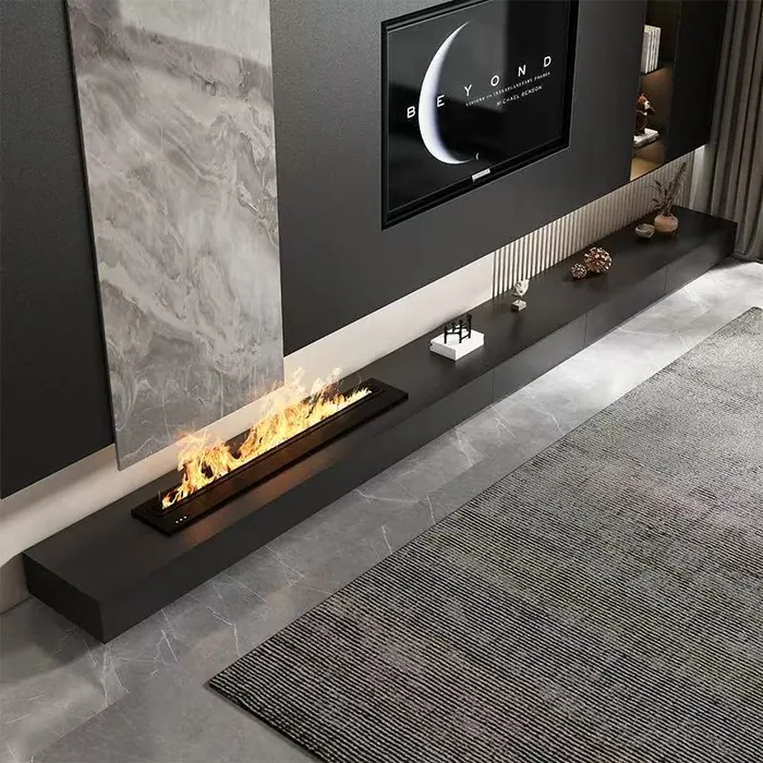 Dark TV feature wall with stone panel