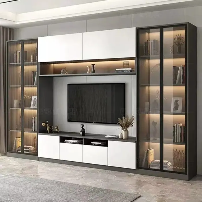TV wall with glass display bookshelves