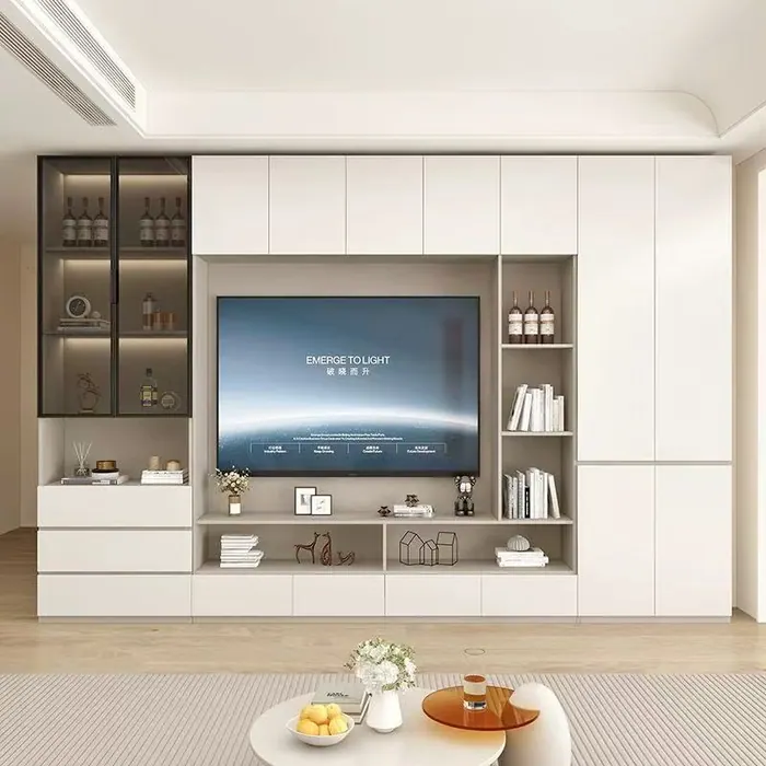 Full white TV wall unit with bar cabinet