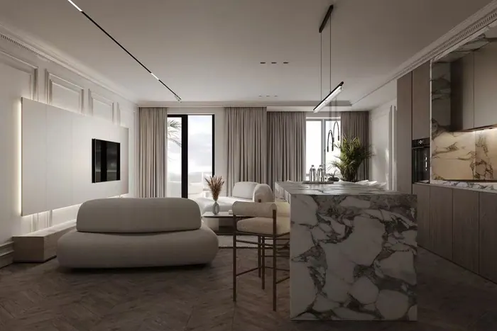 Custom living room with marble island and wood cabinetry