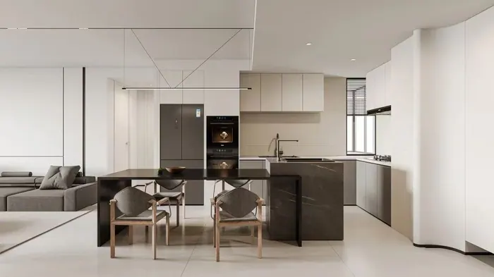Open-plan kitchen with island and dining seating