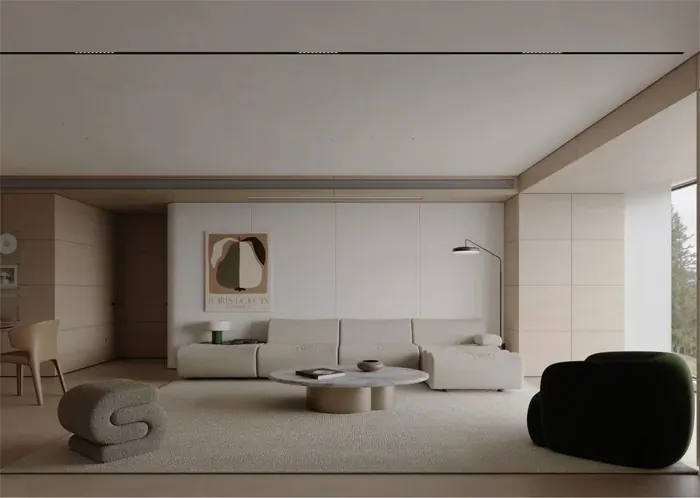 Minimalist living room with full-wall wardrobe
