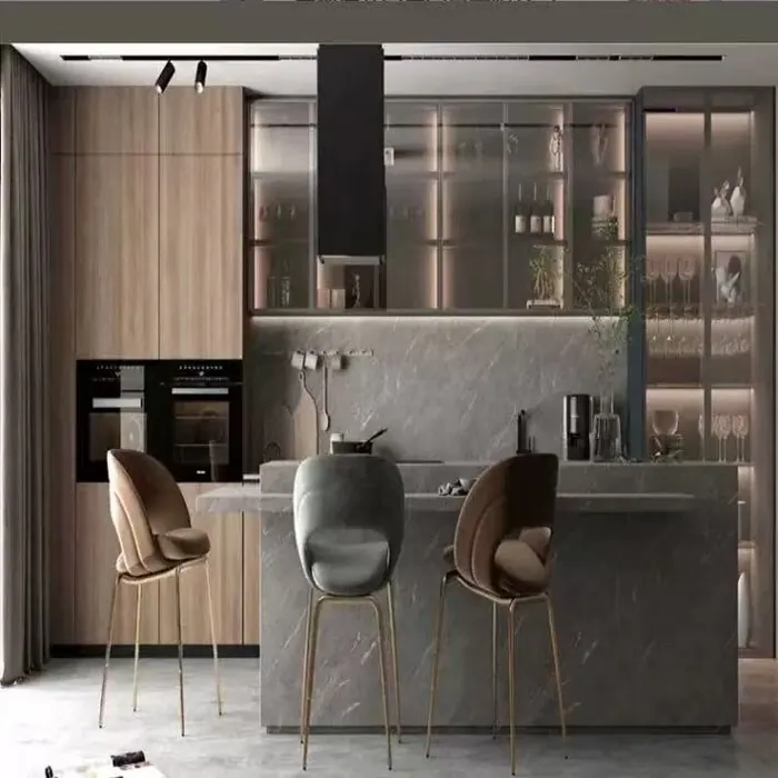 Kitchen with island and glass display cabinets