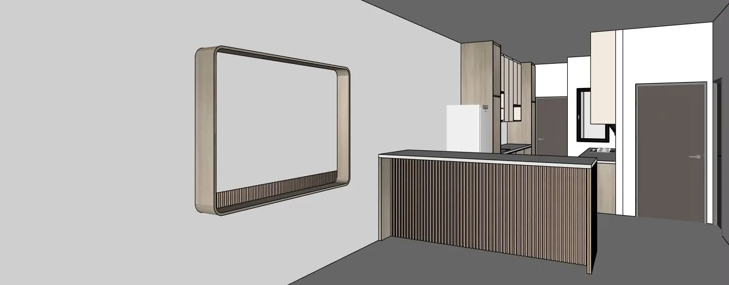 3D design render — the curve radius and slat spacing locked before fabrication